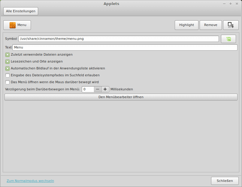 Linux Mint 16 - Menueeinstellungen