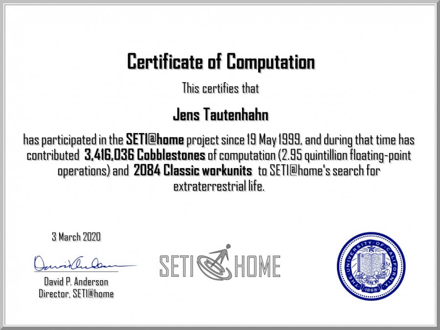 Seti@home Zertifikat