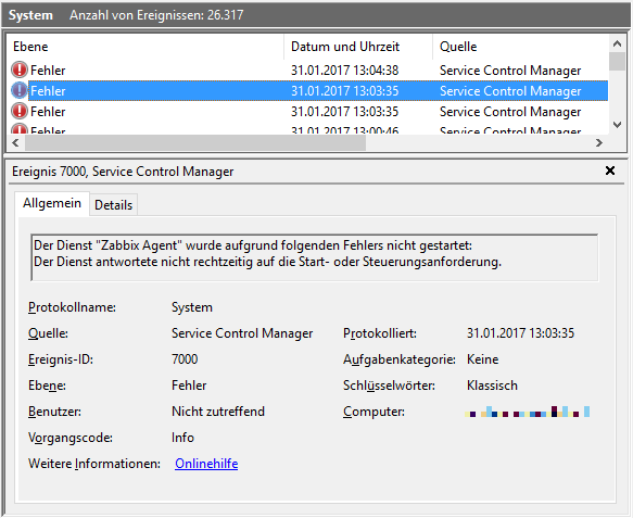 Windows Ereignisanzeige mit Zabbix-Agent Dienstfehler